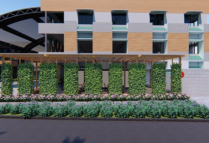 SRI JAYENDRA SARASWATHY MAHA VIDYALAYA, Coimbatore, Tamilnadu. Designed by The School Designs Studio (India's top architects for College Building Design)- Front Elevation of Building and Dining Area