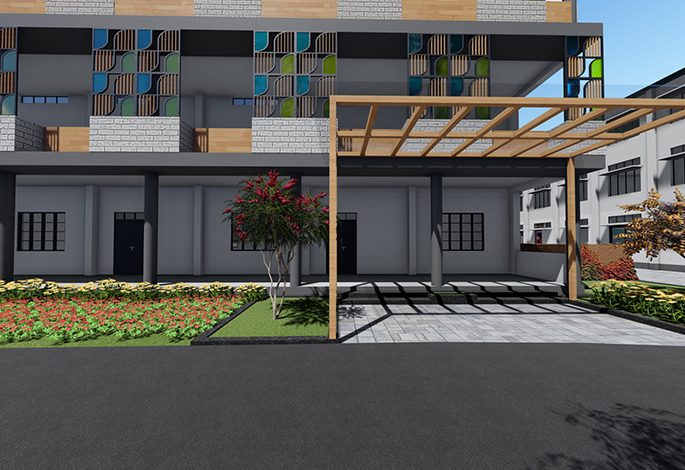 SRI JAYENDRA SARASWATHY MAHA VIDYALAYA, Coimbatore, Tamilnadu. Designed by The School Designs Studio (India's top architects for College Building Design)- UG Block, Front Elevation