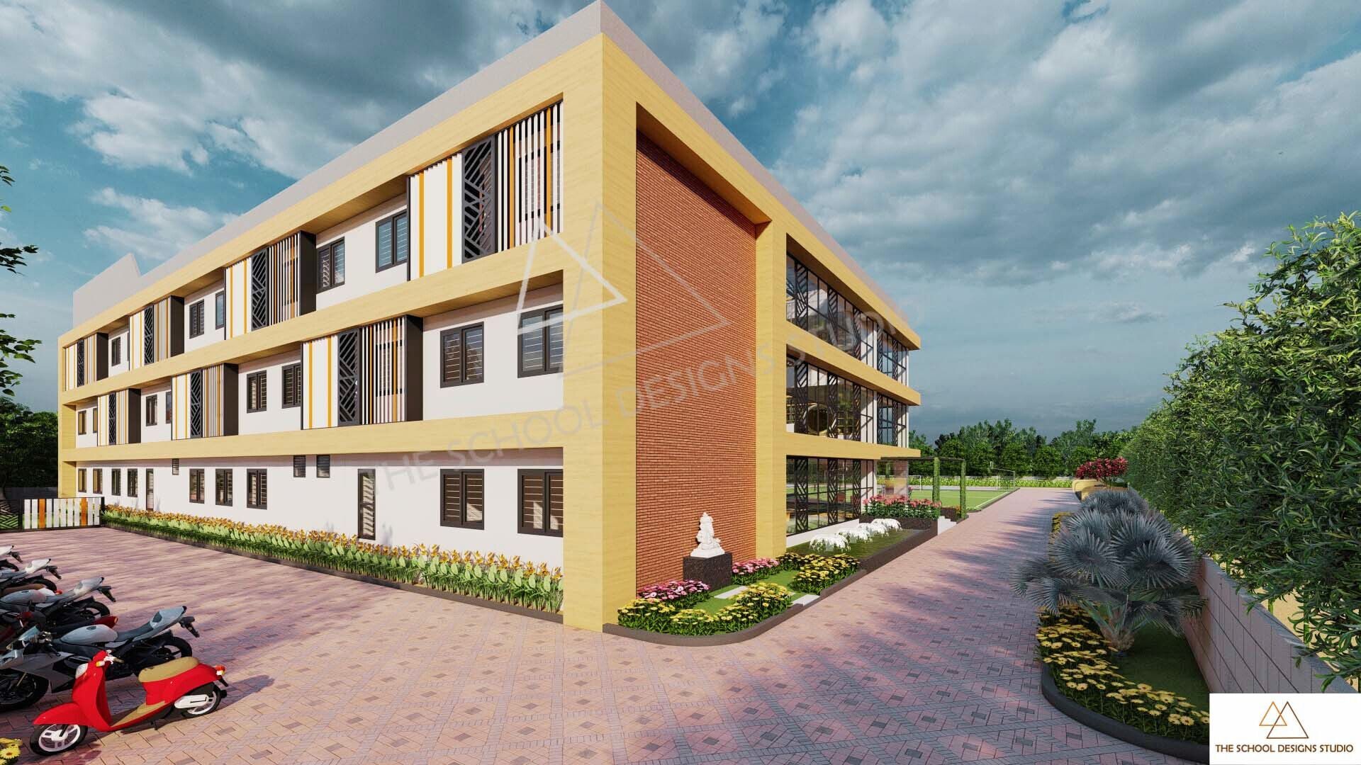 Pragati Vidyalaya, Challakere, Karnataka. Designed By The School Designs Studio (Top School Architects in India)- Front elevation from Parking Area