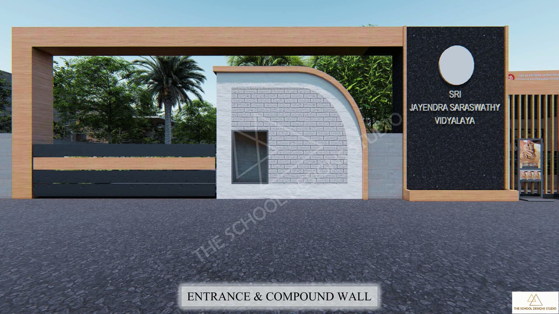 SRI JAYENDRA SARASWATHY MAHA VIDYALAYA, Coimbatore, Tamilnadu. Designed by The School Designs Studio (India's top architects for College Building Design)- Entrance and Compound Wall