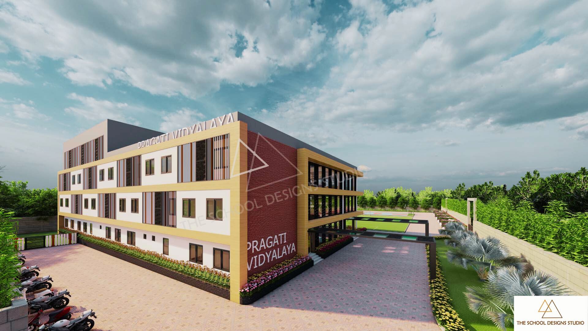 Pragati Vidyalaya, Challakere, Karnataka. Designed By The School Designs Studio (Top School Architects in India) - School building elevation from Parking Area